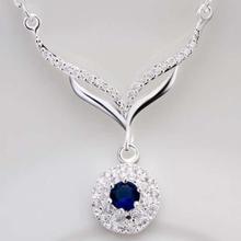 80 % of silver leafage link round blue stone crystal pendant necklace