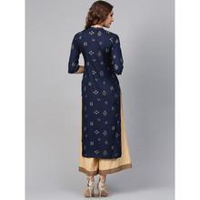 Women Navy Blue & Golden Printed Straight Kurta