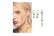 Gold Plate Crystal Star Moon Shape Pendant Drop Earrings-5 Piece Set