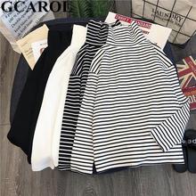 GCAROL Women T-shirt Turtleneck Striped Full Sleeve