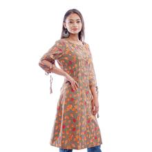 Pkshee  Khaki Printed Cotton Dress For Women