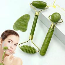 3pcs Set Facial Jade Stone Roller & Gua Sha Board Body Neck Massage Tool