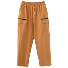 Cotton linen elastic waist trousers _ solid color cotton