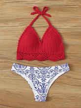 Crochet Halter Top With Porcelain Print Bikini Set