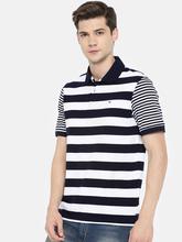 Peter England Men Navy Blue and White Striped Polo Collar T-shirt