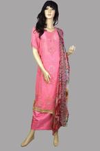 Baby pink thread work round neckline kurthi