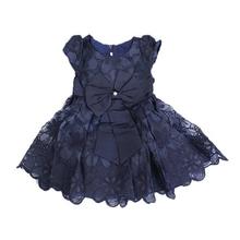 Navy Blue Floral Front Bow Frock For Girls