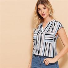 Sheinside V Neck Stripe Print Top Women 2019 Elegant Cap