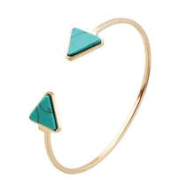 Gold Toned/Turquoise Triangle Marble Embedded Cuff Bracelet For Women