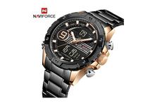 NaviForce NF9146 Double Time Digital Analog Stainless Steel Watch – RoseGold/Black