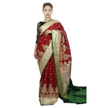Red Banarasi Floral Embroidered Saree With Blouse