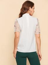 Tie Neck Contrast Embroidered Mesh Cuff Blouse