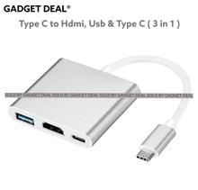 GD Type c to 3 in 1 Type c to HDMI Type c to USB and Type c to Type c Hub 4K Adapter Usb-c to HDMI Converter with 3.0 USB Port and Type C 3.1 Female Charging Port for MacBook