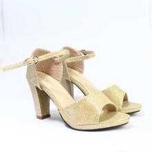 Golden Glittery Ankle Strap Heel Shoes For Women