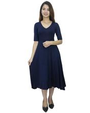 Navy Blue Cotton Mix Midi Dress For Women-WDR5135