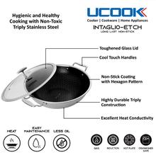 UCOOK Stainless Steel Triply Induction Compatible Non Stick Kadai with Etched Finish & Glass Lid (280 mm/4.5 litres)