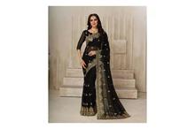 Embroidered Saree With Unstitched Blouse For Women-Black