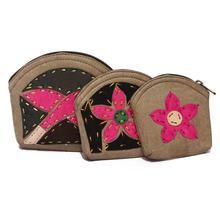 Light Brown/Black 3 In 1 Flower Stitched Coin Purse For Women