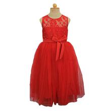 Red Front Tie Designed Flowy Sleeveless Party Dress For Girls