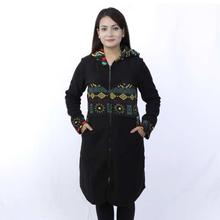 Black Printed Polar Fleece Long Jacket For WomenWJK4091
