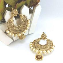 Golden Faux Pearl Chandbali Pinjara Fall Earrings For Women