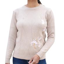 Beige Floral Embroidered Sweater For Women