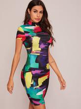 SHEIN Mock-neck Brush Stroke Print Bodycon Dress