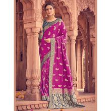 Style Lifestyle Designer Banarasi Violet Saree with Elegant Floral Design With Jari & Woven Border with Navy Blue Blouse for Wedding, Party and Festival