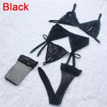 4PCS/set Underwear Women Bra Brief Sets Sexy Lace Open Crotch G-String + Bra + Net Socks + Sling Lingerie Set Cueca