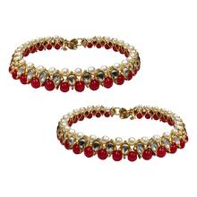 Aheli Traditional Jewellery 18K Gold Plated Kundan Green Faux Bead Fancy Red Anklet For Women