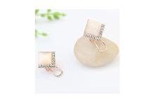 Beige White Opal Stud Rhinestone Geometric Square Earrings