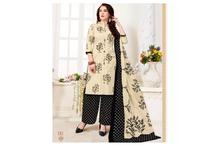 Printed Cotton Kurta Set For Women-Beige/Black