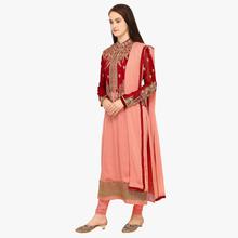 Stylee Lifestyle Peach Embellished Traditional Jardoshi Work with Crystal & Cut work Dress with Designer Jacket for Wedding, Festival, Parties