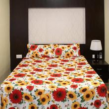 Red/Yellow Sunflowers Printed Vella Cotton Double Bed Sheet With 2 Pillow Covers