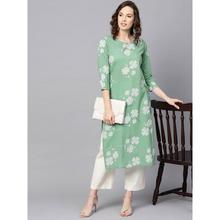 Women Green & Off-White Printed Straight Kurta