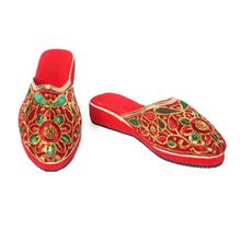 Red/Golden Embroidered Velvet Slide Sandals For Women