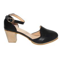 Black Block Heel Ankle Strap Closed Shoes For Women