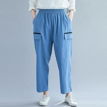 Cotton linen elastic waist trousers _ solid color cotton