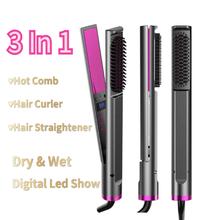 3 In 1 Hot Comb Multifunctional Hair Straightener Iron Anti-Scald Hair Straightening Brush Heat Comb Fast Heating Hair Curler