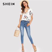 SHEIN V Cut Neck Keyhole Back Floral Top 2018 Summer V