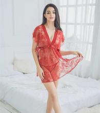 Side Cut Transparent Sexy Sleeping Robe With G-string Panty For Women