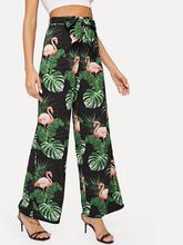 Flamingo And Plants Print Belted Pants