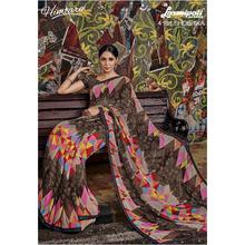 Laxmipati Geometric Design Printed Multi Georgette Designer Saree with attached Brown Blouse piece for Casual, Party, Festival and Wedding
