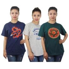 Pack Of 3 Embroidered 100% Cotton T-Shirt For Women- Navy Blue/Grey/Green