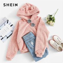 SHEIN Preppy Lovely With Bears Ears Solid Teddy Hoodie