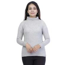 Grey Solid High Neck Mix Cashmere T-Shirt For Women