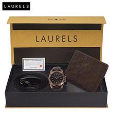 Laurels Brown Men's Wallet + Analogue Dial Men's Watch & Belt
