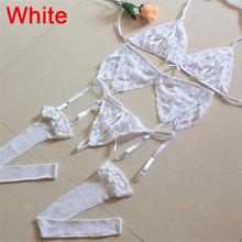 4PCS/set Underwear Women Bra Brief Sets Sexy Lace Open Crotch G-String + Bra + Net Socks + Sling Lingerie Set Cueca