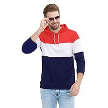 LEWEL Men's Full Sleeve Hooded T-Shirt (Red, White, Navy)