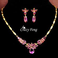 Crazy Feng Wedding Jewelry Sets Luxury CZ Crystal Necklace Drop Earrings Pendant Free shipping Gold-color Mother's Day Gift